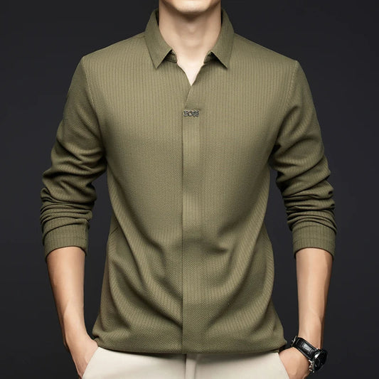 Men's Business Casual Solid Color Stretch V-neck POLO Shirt Daily Commute Striped Sweater for Fall 2024.