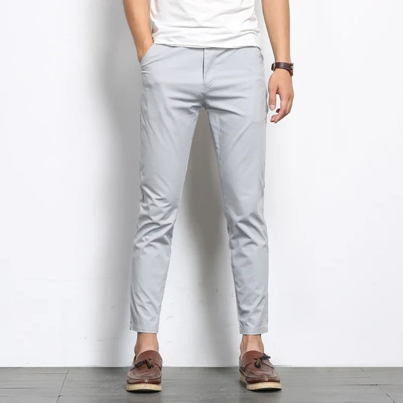 Summer Men Fashions Solid Color Casual Pants Men Straight Slight Elastic Ankle-Length High Quality Formal Trousers Men