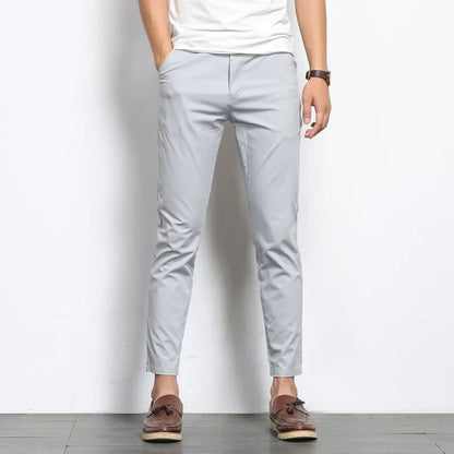 Summer Men Fashions Solid Color Casual Pants Men Straight Slight Elastic Ankle-Length High Quality Formal Trousers Men