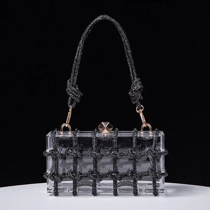 New Diamond Clear Acrylic Box Evening Clutch Bags Women Boutique Woven Knotted Rope Rhinestone Purses And Handbags Wedding Party