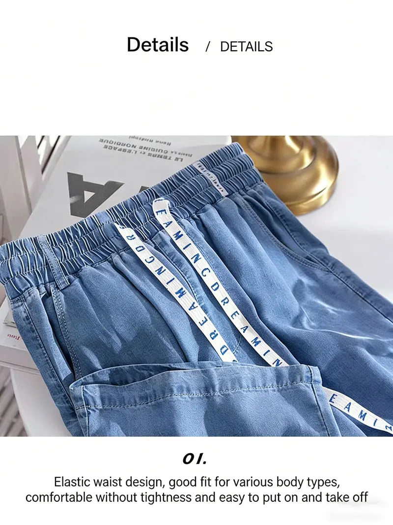 Plus Size Loose Fit Ice Silk Jeans Casual Yoga Demin Pants Women's Summer Trendy Brand Thin Wide Leg Pants Feel Comfortable