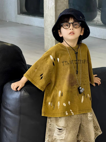 2026 Summer New Boys' Distressed Tie Dye Short Sleeved T-Shirt Junior Sizes Stylish Trendy Kids' Apparel