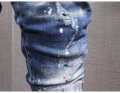 Fashion Streetwear Men Jeans Retro Black Blue Elastic Slim Fit Ripped Jeans Men Spliced Designer Embroidery Hip Hop Denim Pants