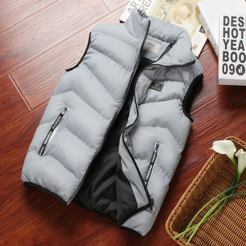 Winter Warm Men's Jacket Sleeveless Zipper Vest Solid Casual Vests Male Cotton-Padded Thickened Stand Collar Wear Outside