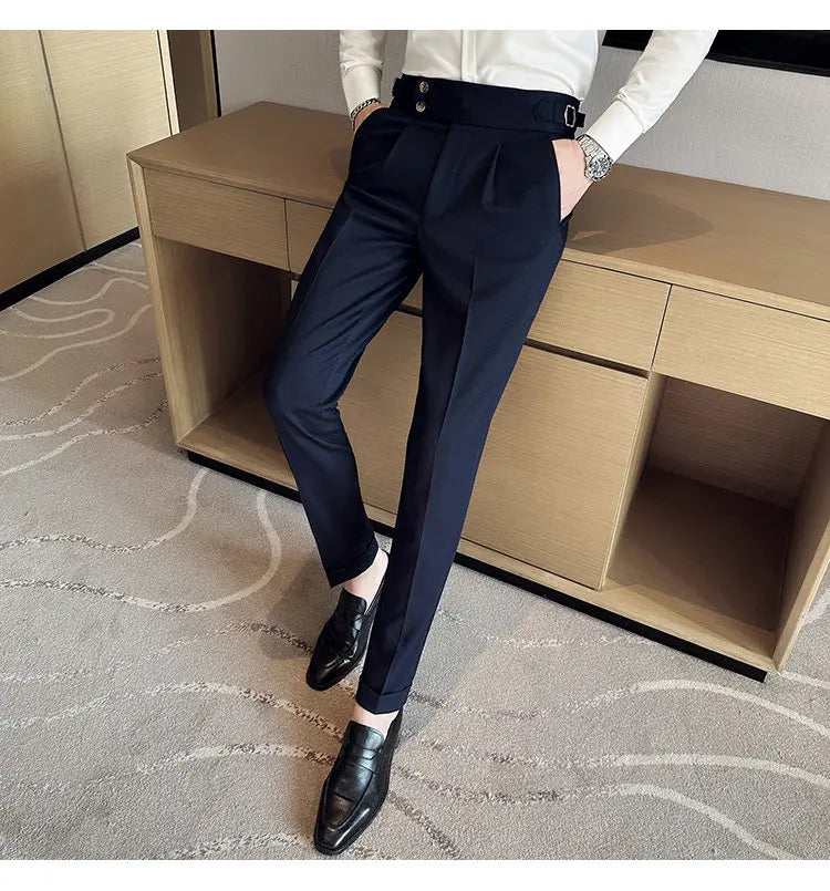 British Style Naples Solid Color High Waist Suit Pants High Quality Men Formal Business Social Party Wedding Casual Trousers