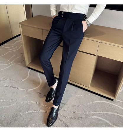 British Style Naples Solid Color High Waist Suit Pants High Quality Men Formal Business Social Party Wedding Casual Trousers