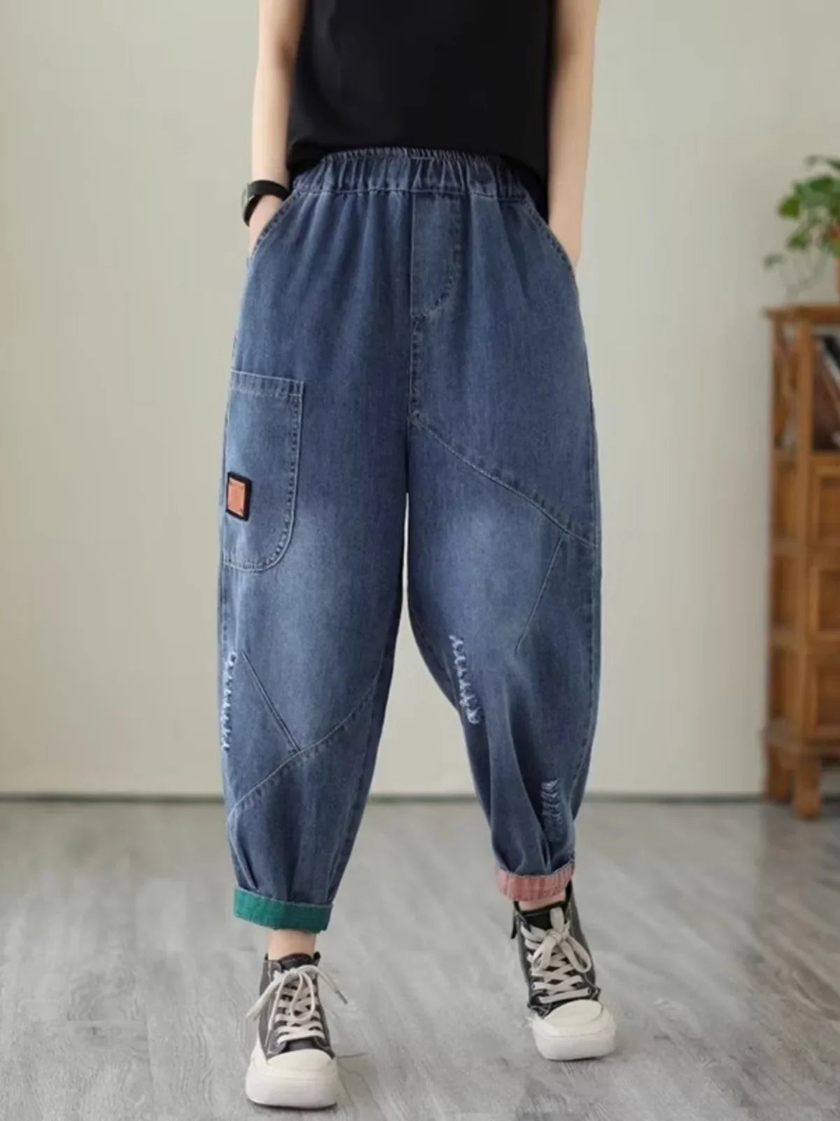 Loose Harlan Jeans Women's Denim Pants Middle-Aged Mom Trendy plus Size Carrot Shape High Waist Cotton Stretch Fabric All Sea...