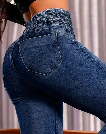 2025 autumn winter  Elegant High Waist Button Front Casual Female Jeans Sexy  Fashion Back Shirred Trouser Bottom