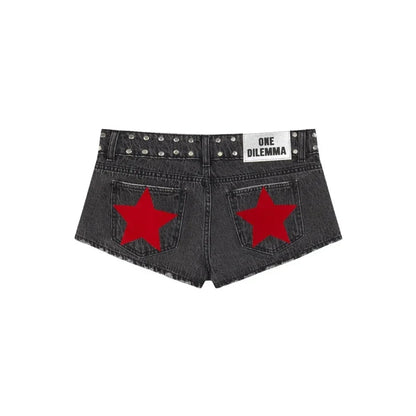 Y2K Low Waist Denim Shorts Women European American Casual Contrasting Loose Fashionable Back Sequin Star Print Hot Pants