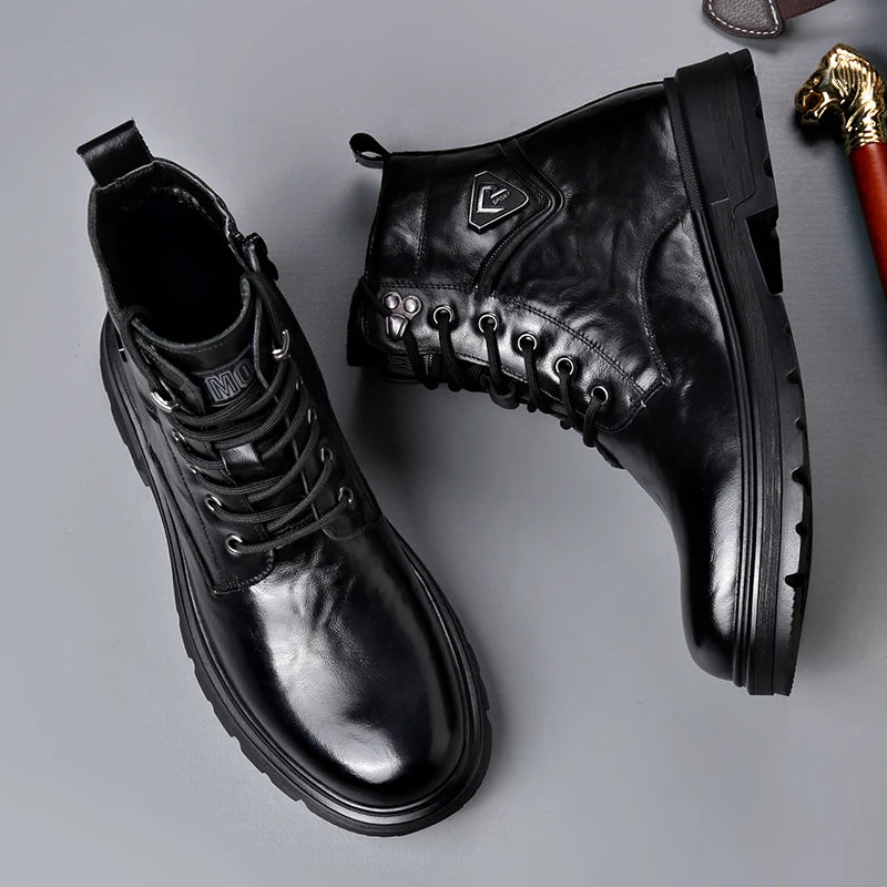 British Style Mens Winter Platform Snow Boots Fashion Genuine Leather Outdoor Antiskid Walking Ankle Boots Mens High Top Boots