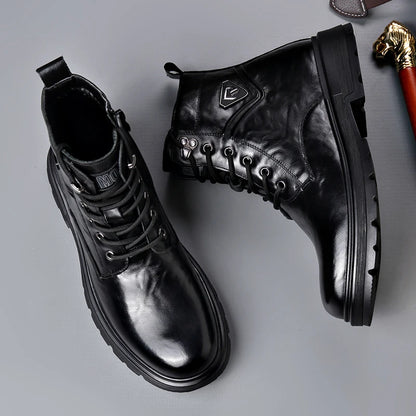 British Style Mens Winter Platform Snow Boots Fashion Genuine Leather Outdoor Antiskid Walking Ankle Boots Mens High Top Boots
