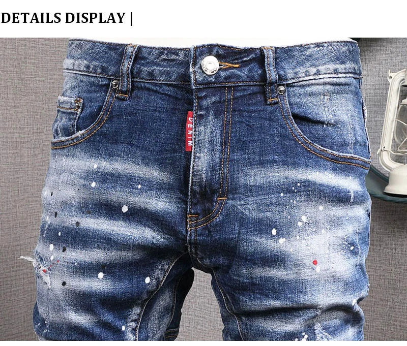 Fashion Streetwear Men Jeans Retro Black Blue Elastic Slim Fit Ripped Jeans Men Spliced Designer Embroidery Hip Hop Denim Pants