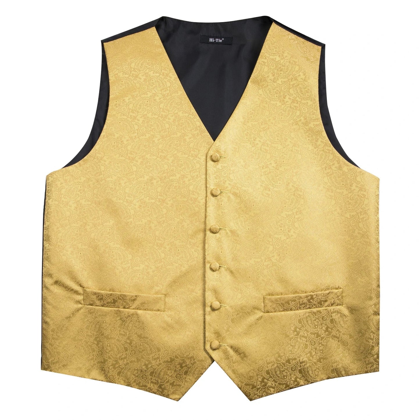 Fashion Silk Vest For Men Classic Gold Champane Yellow Waistcoat Jacket Tie Hankerchief Cufflinks Sets Dress Suit Wedding Hi-Tie