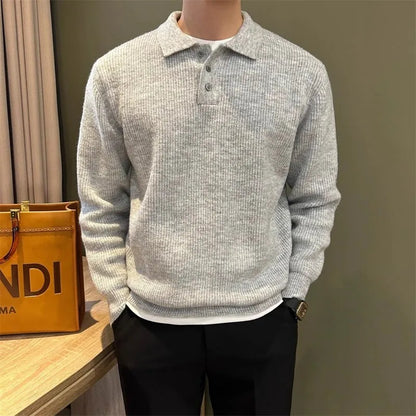Mens Knit Sweater Autumn Winter Pullover Korean Soft Heavyweight Knit Polo Sweaters Minimalist Long Sleeve Solid Casual Top