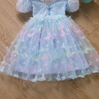 Baby Girls Butterfly Wings Fairy Gauze Princess Puff Sleeve Dress Lovely Kids Summer Tulle Dress Child Birthday Party Gown Dress