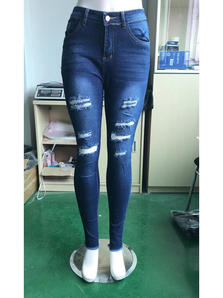 2024 Women Stretch Skinny Ripped Jeans Lady High Waist Pencil Long Pants Narrow Straight Leg Wrap Hips Plus Size S-3XL Trousers
