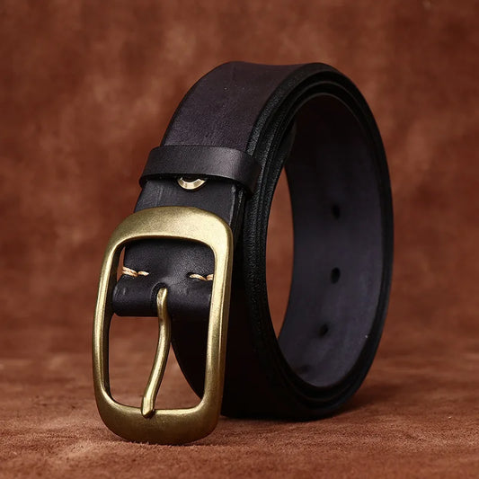 3.8 Width High Quality Pure Cowhide Thick Real Genuine Leather Men's Fashion Brass Buckle Belts Luxury Brand Jeans Belts for Men