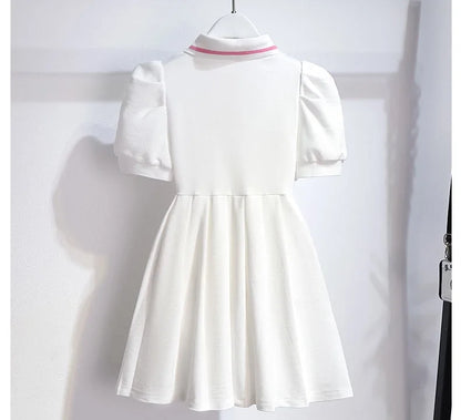 1pcs Summer Children's Dress Girl's Korean Edition Bubble Sleeves Flip Collar Dress Kids Princess Dress Baby Sweet Pleated Skirt