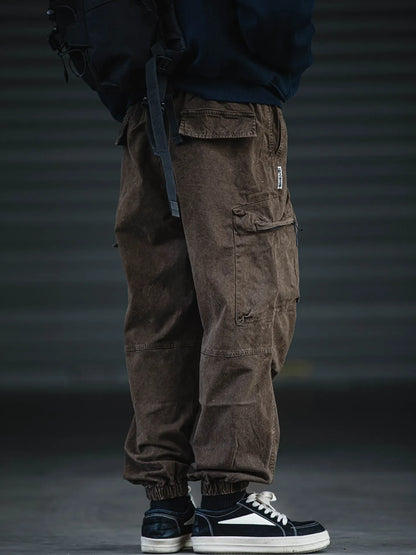Oversized Baggy Vintage Washed Cargo Pants Men Loose Fit Drawstring Cuffed Retro American Style Streetwear Hip Hop Utility Pants