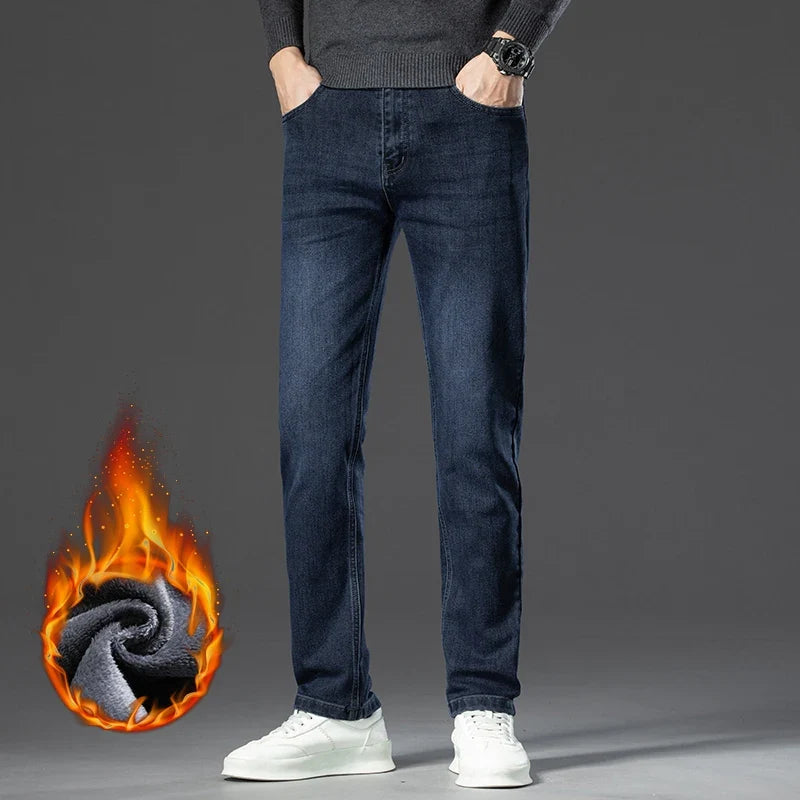 Winter Classic Business Men's Fleece Warm Jeans Straight Stretch Casual Thicken Denim Trousers Washed Fashion Velvet Male Pants