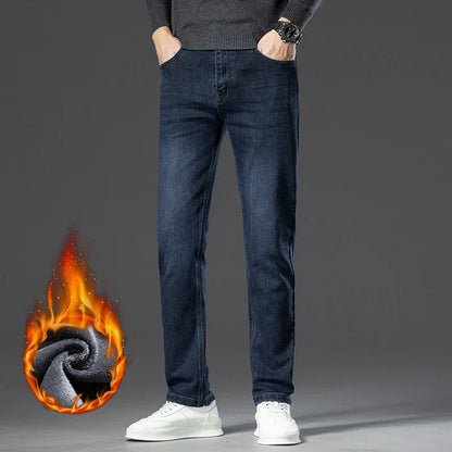 Winter Classic Business Men's Fleece Warm Jeans Straight Stretch Casual Thicken Denim Trousers Washed Fashion Velvet Male Pants