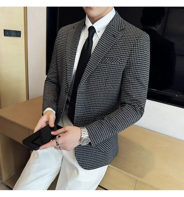 Men's Elegant Grid Suit Jacket 2026 Spring New Fashion Slim Blazer Jackets Social Prom Dress Jacket Men's High Quality Clothing