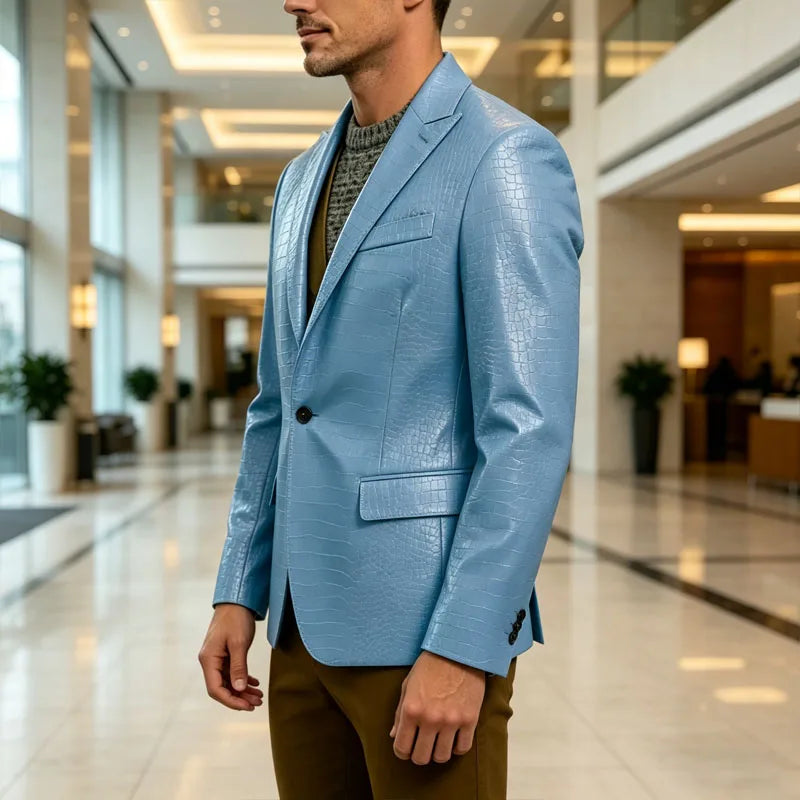 Vintage Men's Crocodile Embossed Leather Blazer Notch Lapel 1 Button Jacket Business Casual Formal Luxury Coat With Flap Pockets