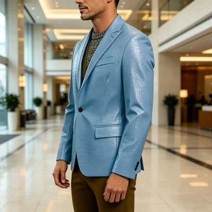 Vintage Men's Crocodile Embossed Leather Blazer Notch Lapel 1 Button Jacket Business Casual Formal Luxury Coat With Flap Pockets