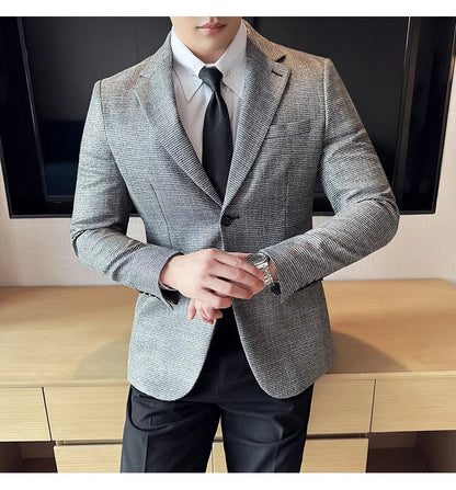 Bright Silk Thousand Bird Grid Suit Jacket Korean-style Business Fashion Slim Fit Single Breasted Men Social Party Dress Coats
