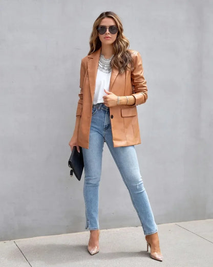 Elegant Chic Jacket Office Lady Long Sleeve Lapel Collar Single Breasted Pocket Coat Outwear 2025 Women PU Leather Suit Blazer