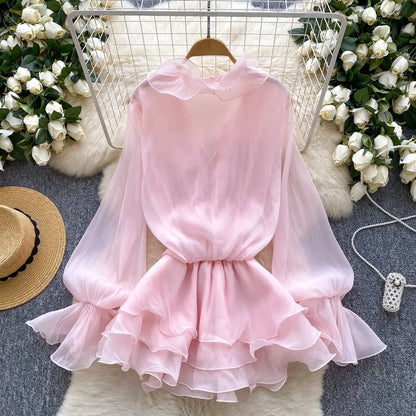 3D Floral Beach Short Dress Female Long Sleeves Lace Up Ruffle Chiffon Cake Sundress Sheer Sexy Vintage Bohemian Dress