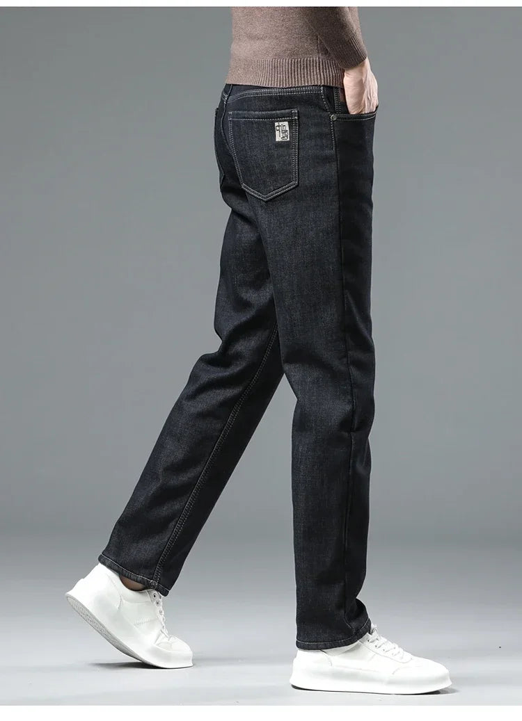 Winter Warm Fleece Jeans Men 2023 Straight Stretch Thick Casual Thermal Denim Pants Male Business Work Trousers New Men Clothing