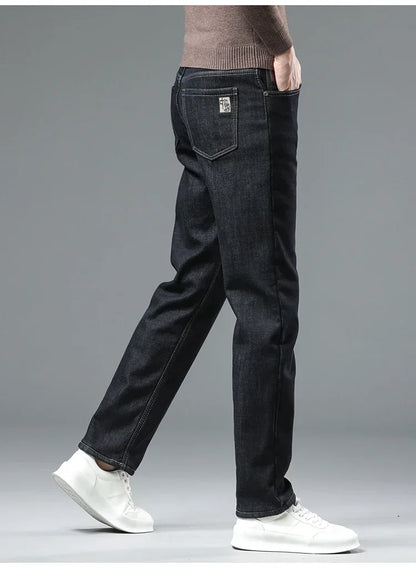 Winter Warm Fleece Jeans Men 2023 Straight Stretch Thick Casual Thermal Denim Pants Male Business Work Trousers New Men Clothing