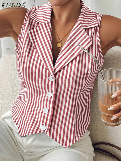 Fashion Summer Sleeveless Stripe Tanks Tops 2025 ZANZEA Office Lady Blouses Women Shirt Stylish Holiday Tees Irregular Hem Camis