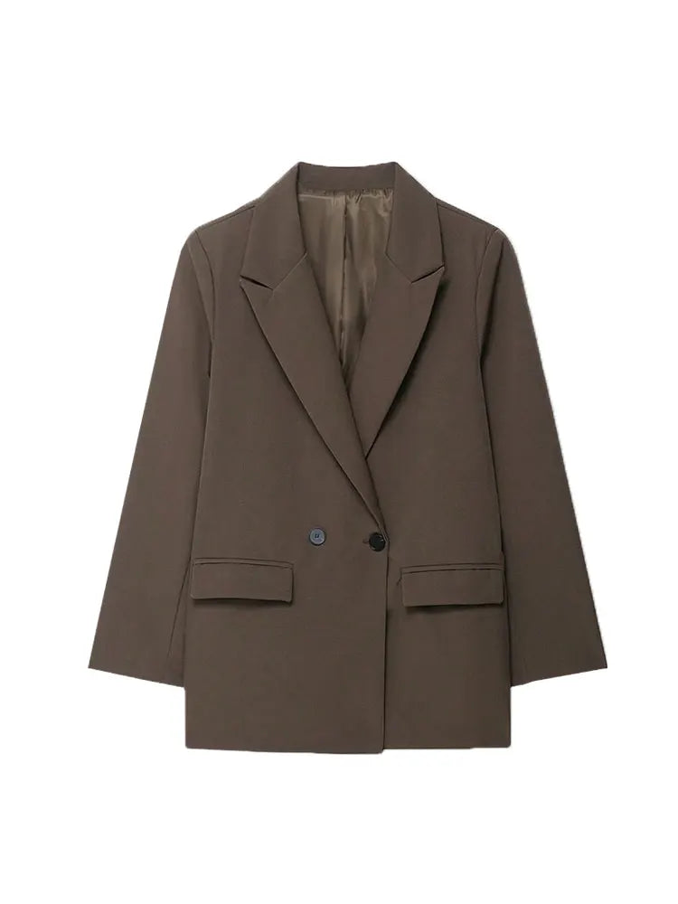 Women's Double-Breasted Solid Color Blazer Coat Long Sleeve Office Wear for Spring Autumn Winter Old Money Style