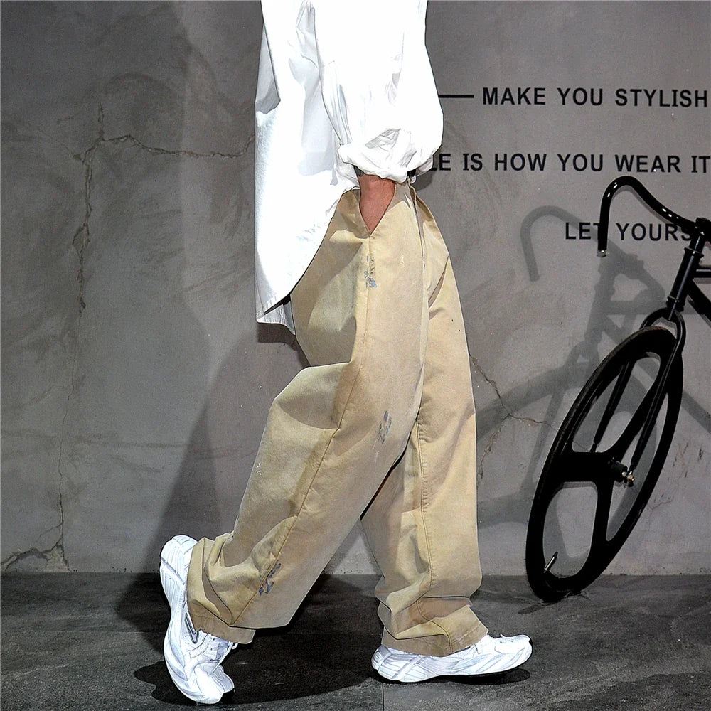 ‌Japanese Premium Vintage Distressed Paint Splash Cargo Pants Men Streetwear Loose Casual Straight Leg Haram Trousers Trendy