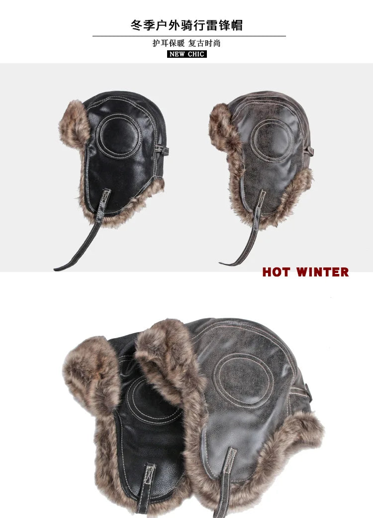 Russian Trapper Soviet Ushanka Bomber Hat Knitted Leather Earflap Fur Lined Winter Cap for Men Women