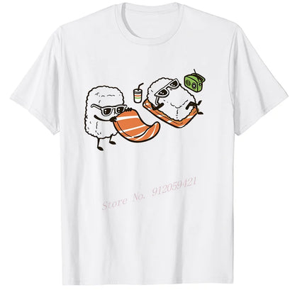 Unisex Funny Cartoon Sushi Black & White Cotton T-Shirt Short Sleeve O-Neck Harajuku Streetwear Tee Shirt