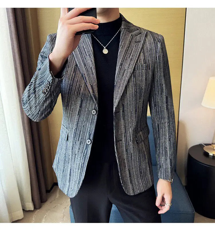 Fashion Meteor Line Checkered Elegant Suit Jacket Men Fashion De Luxe Business Slim Fit Single Breasted Social Party Dress Coats