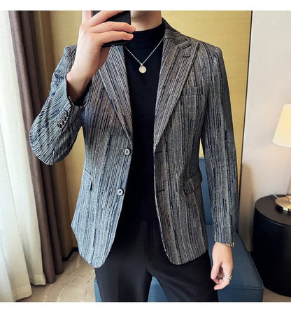 Fashion Meteor Line Checkered Elegant Suit Jacket Men Fashion De Luxe Business Slim Fit Single Breasted Social Party Dress Coats