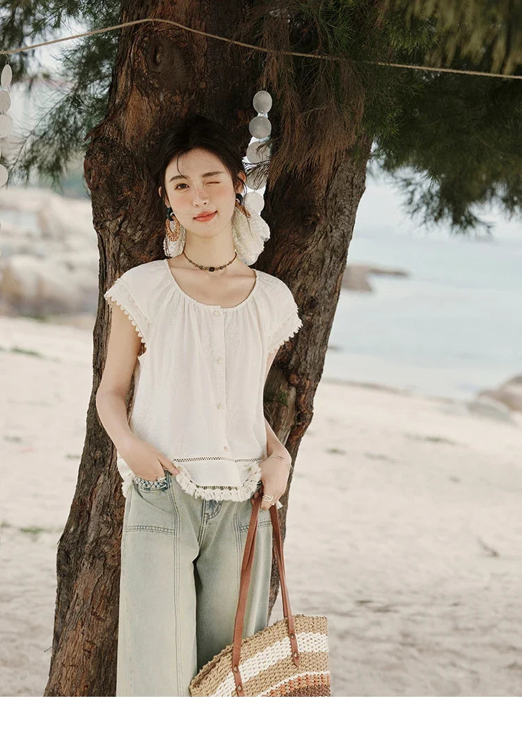 Embroidered French Shirt Women Summer 2025 Short Sleeve Round Neck Solid Blouses Female Fashion New Tops Lady MXE33X1744