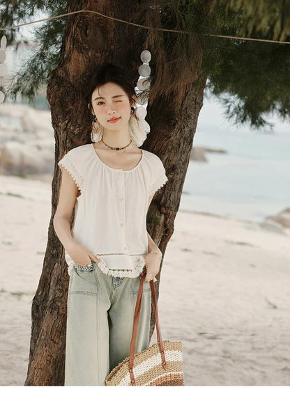 Embroidered French Shirt Women Summer 2025 Short Sleeve Round Neck Solid Blouses Female Fashion New Tops Lady MXE33X1744