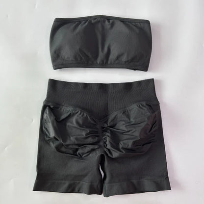 2 Pieces Yoga Set Women Backless Bandeau Sports Bra Scrunch Shorts Yoga Clothing Workout Clothes Outfits Sets Gym Set