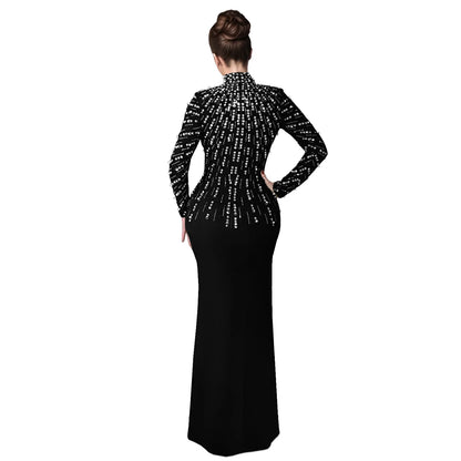 Temperament Elegant Party Diamond Pearl Long Bodycon Dress Women O Neck Long Sleeve Glitter Club Evening Black Sheath Maxi Dress