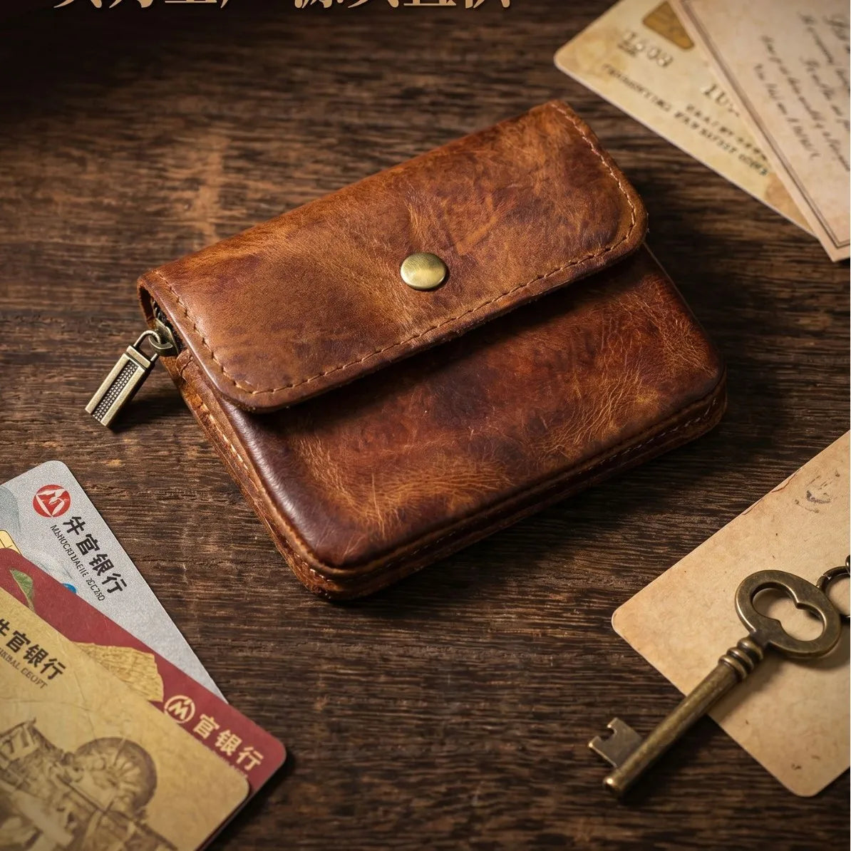 Custom Engravable Logo Full Grain Vegetable Tanned Leather Coin Purse Vintage Large Capacity Multi-Card Holder Wallet