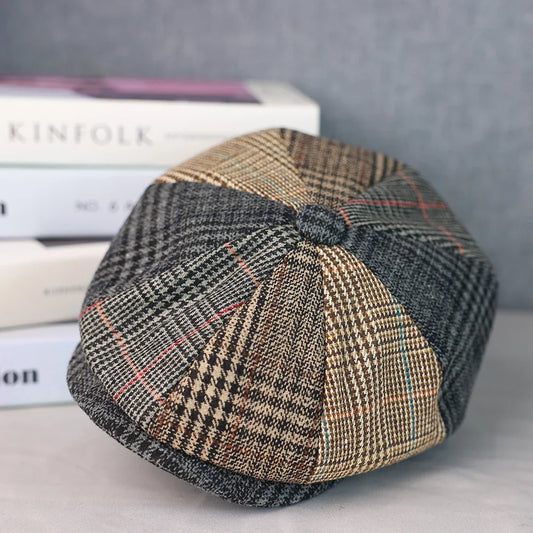 Men Newsboy Hats Wool Autumn Vintage Herringbone Octagon Cap Women Casual Splicing Berets Gatsby Flat Hat 81