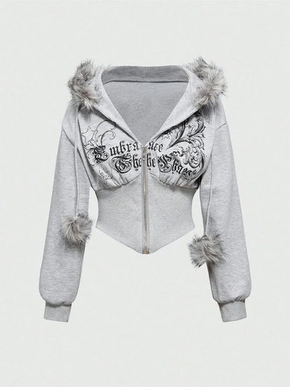 Winter Warm Gothic Print Hoodie Women's Clothin Faux Fur Crop Top Zip-Up Sweatshirt Fashion Y2K Streetwear Hooded Jacket 2026New