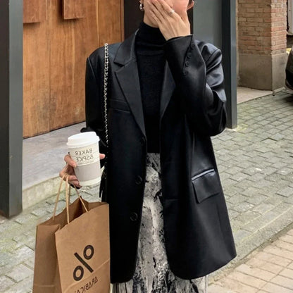 Blazer Woman PU Leather Black Outerwears Long Over Loose Jacket Coats for Women Solid Clothes Dress Korean Style Fashion 2025