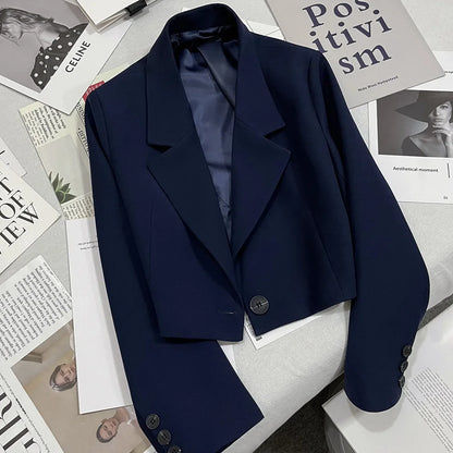 Autumn Solid Color Cropped Suit Jacket for Women Turn Down Collar Single Button Blazer Female Casual Office Lady Blazers Coat