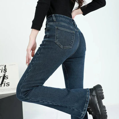 2024 Winter Fleece Women's Flare Pants Retro Slim High Waist Elastic Cotton Thick Warm Denim Pants Fashion Korean Female Clothes